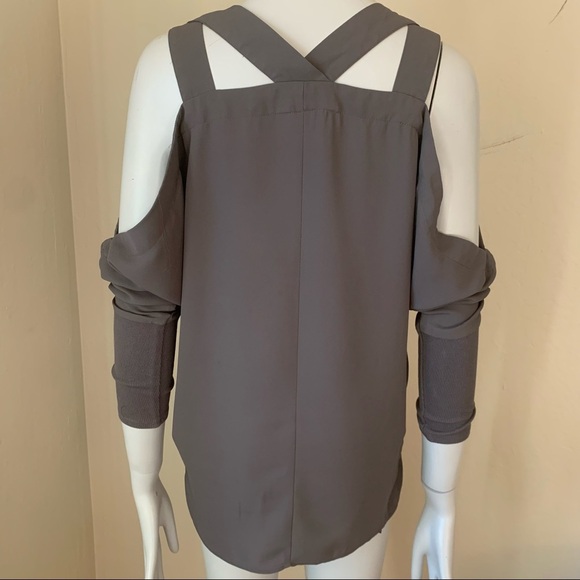 JUICY COUTURE Embellished Silky Cold Shoulder V-Neck Blouse Gray - Picture 8 of 15